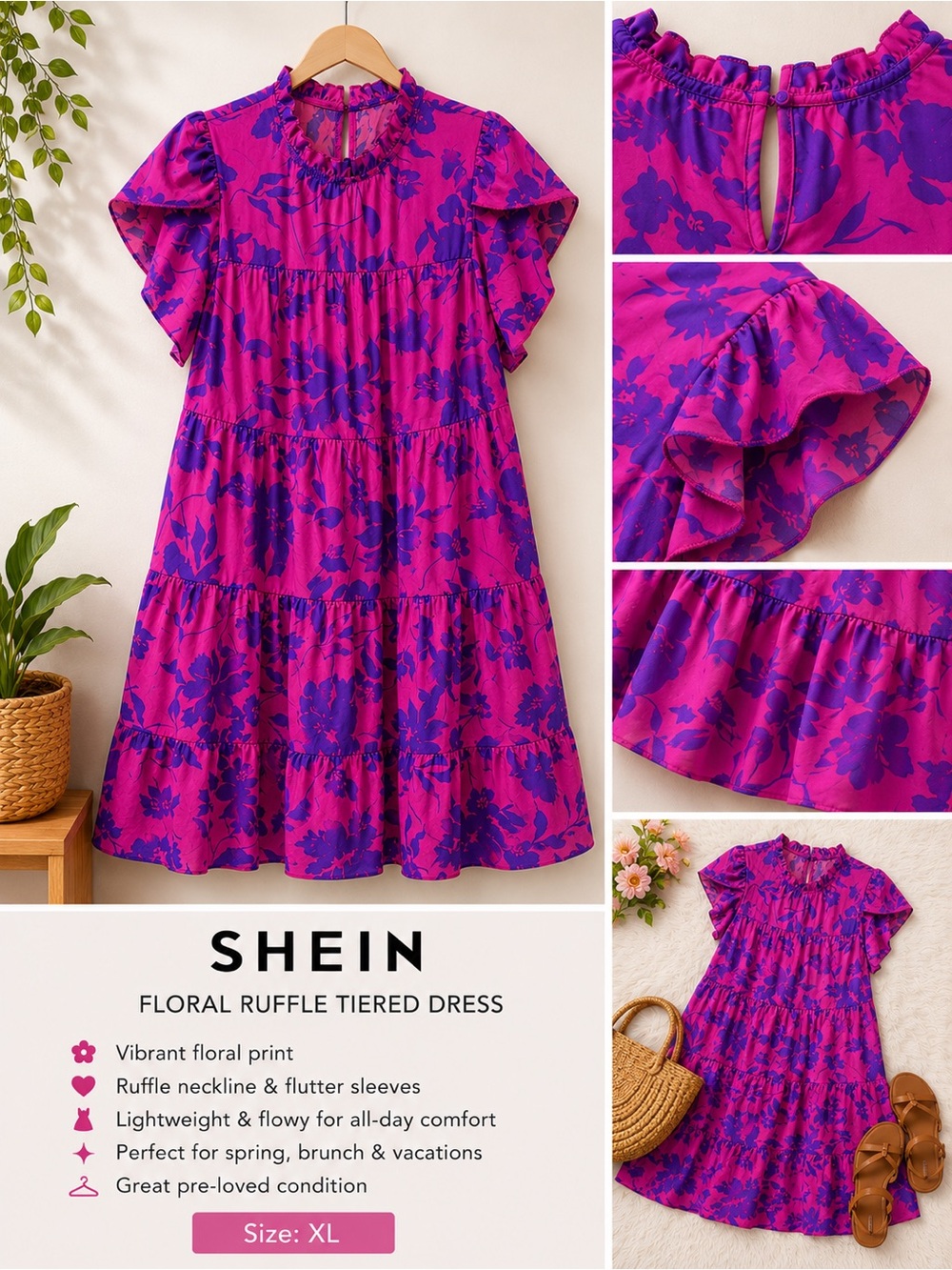 SHEIN Fuchsia Pink Dress with Purple Floral Print